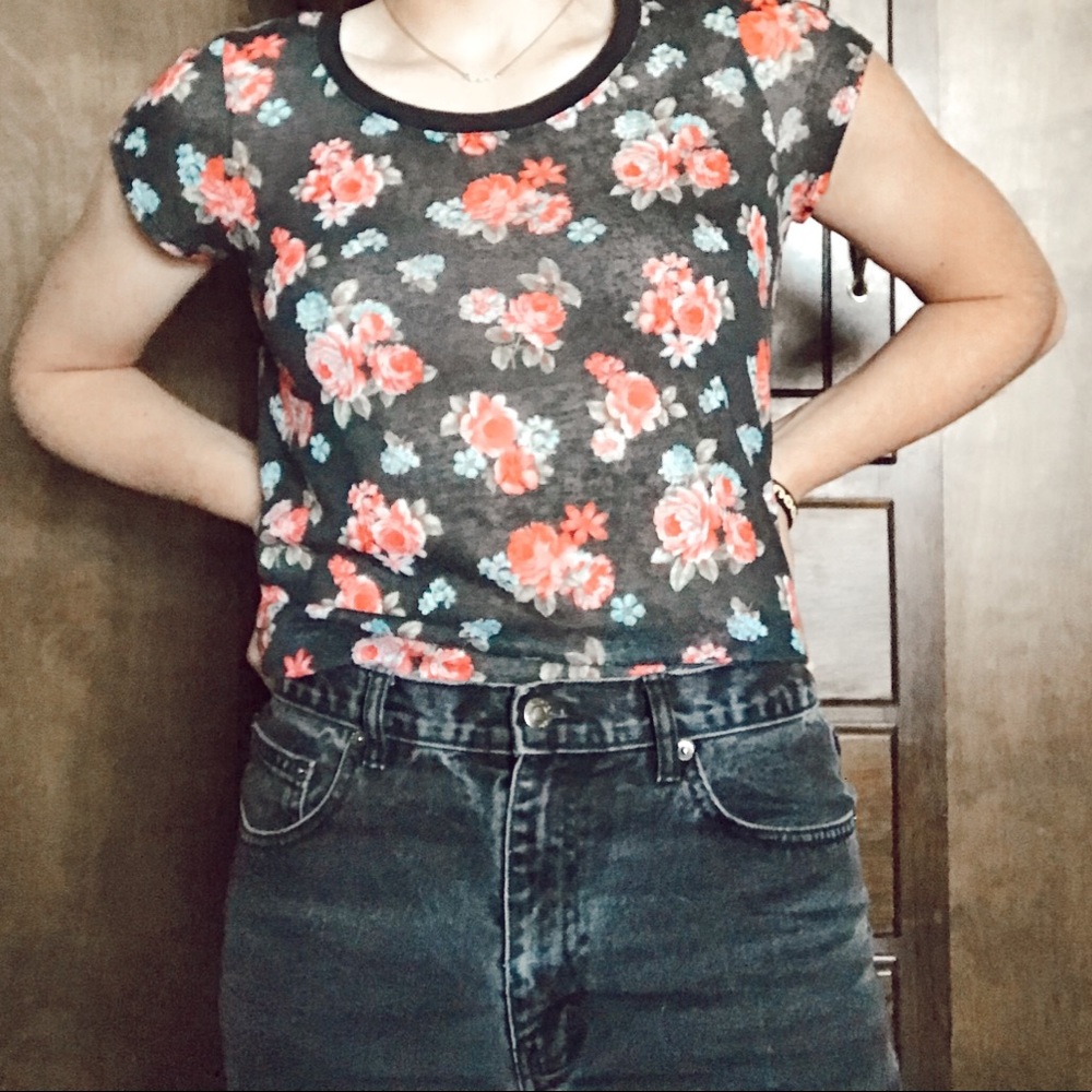 floral and black t shirt with zipper